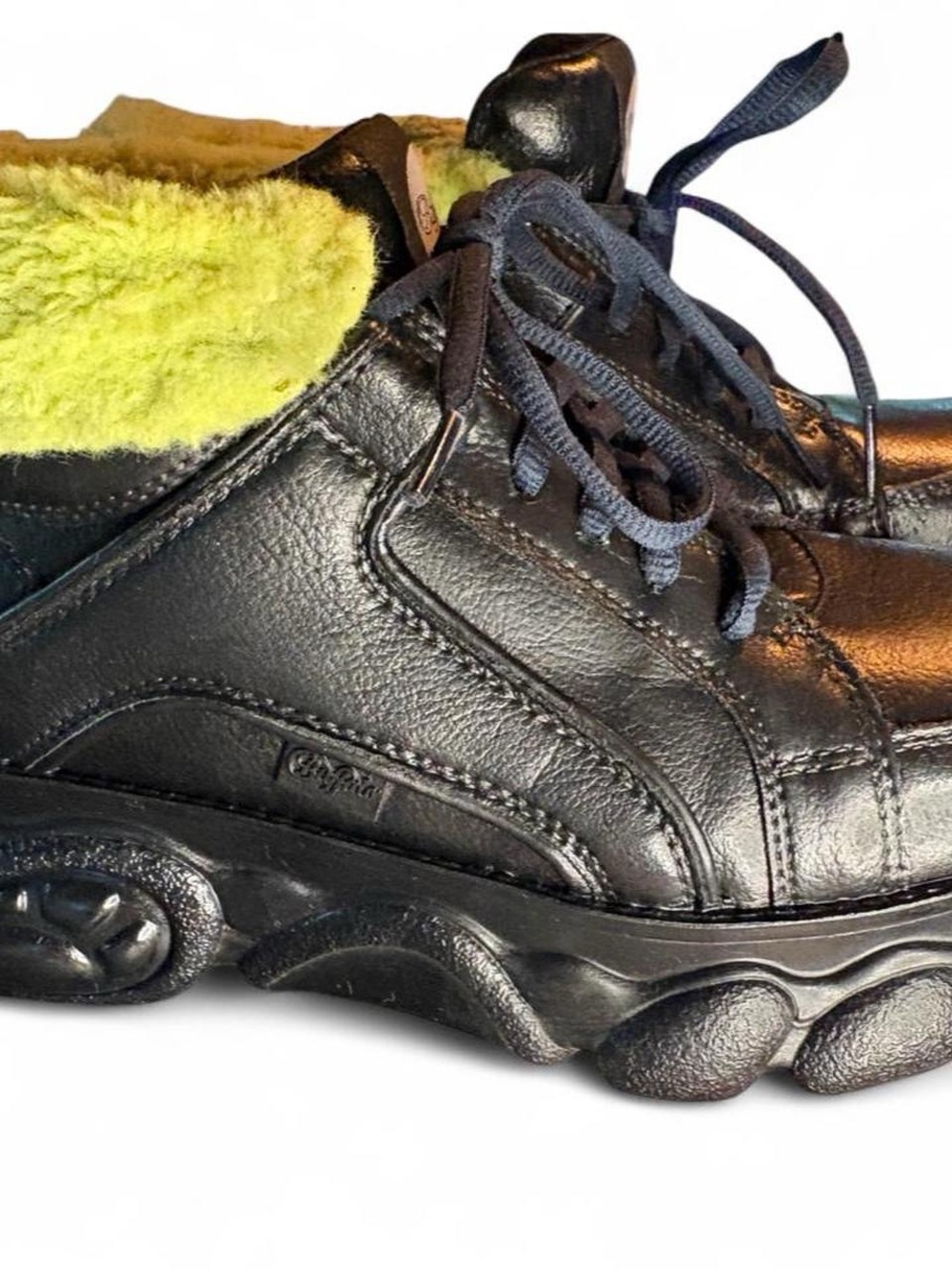 Black Leather Women's Chunky Sneakers with Lime Shearling Lining